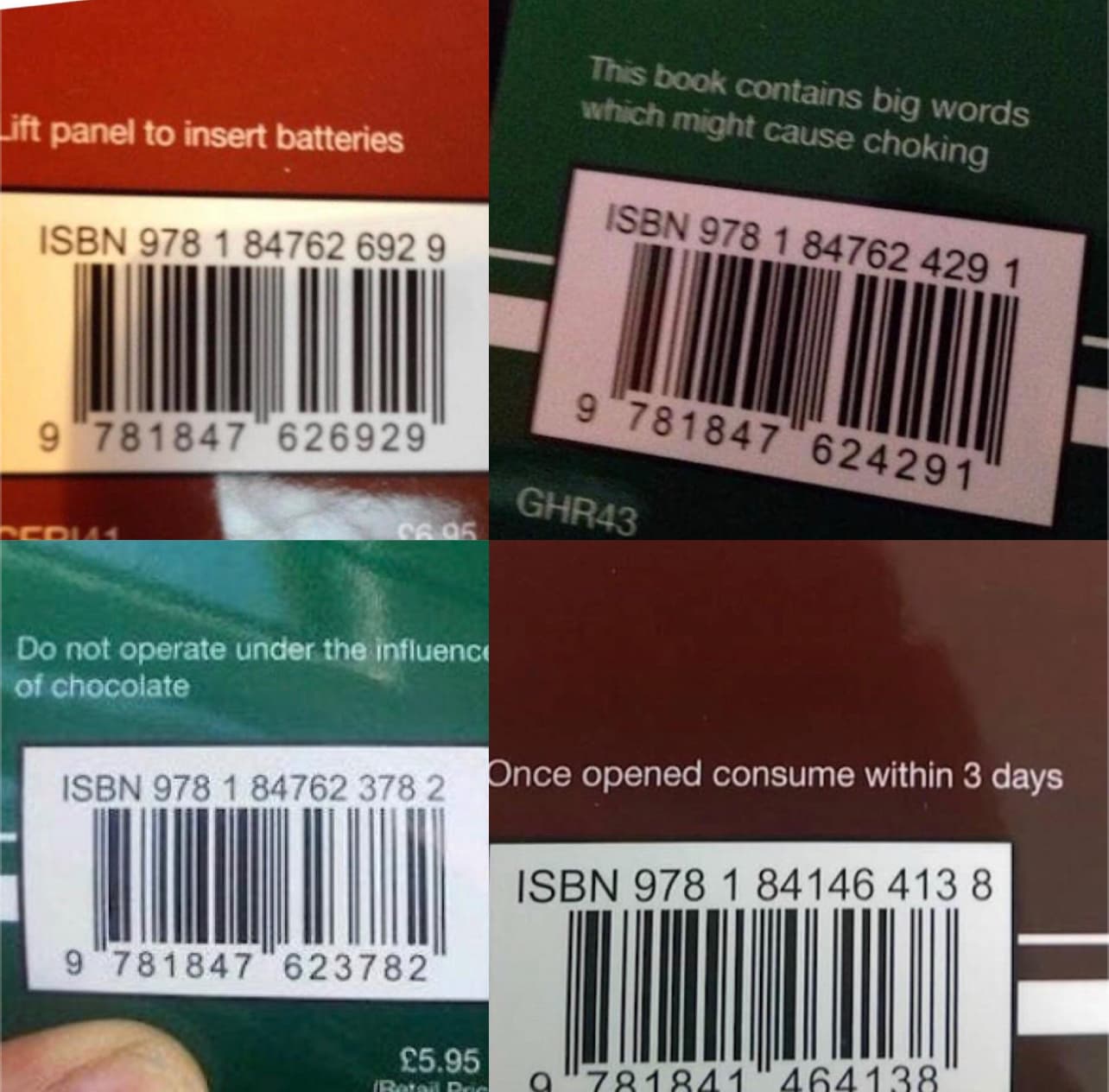 cgp book jokes - Lift panel to insert batteries Isbn 978 1 84762 692 9 9781847 626929 05 This book contains big words which might cause choking Isbn 978 1 84762 429 1 9 781847 624291 GHR43 Do not operate under the influenc of chocolate Isbn 978 1 84762 37